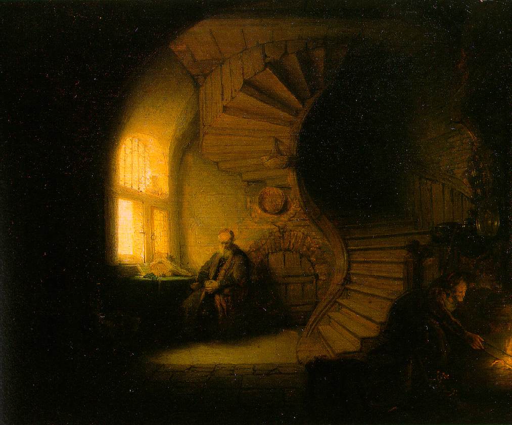 A Rembrandt painting of a philosopher reading by candlelight